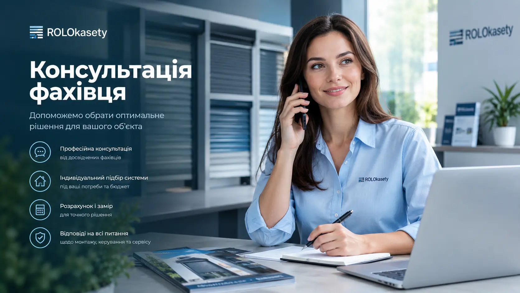 Фахівець ROLOkasety консультує клієнта та підбирає ролетну систему